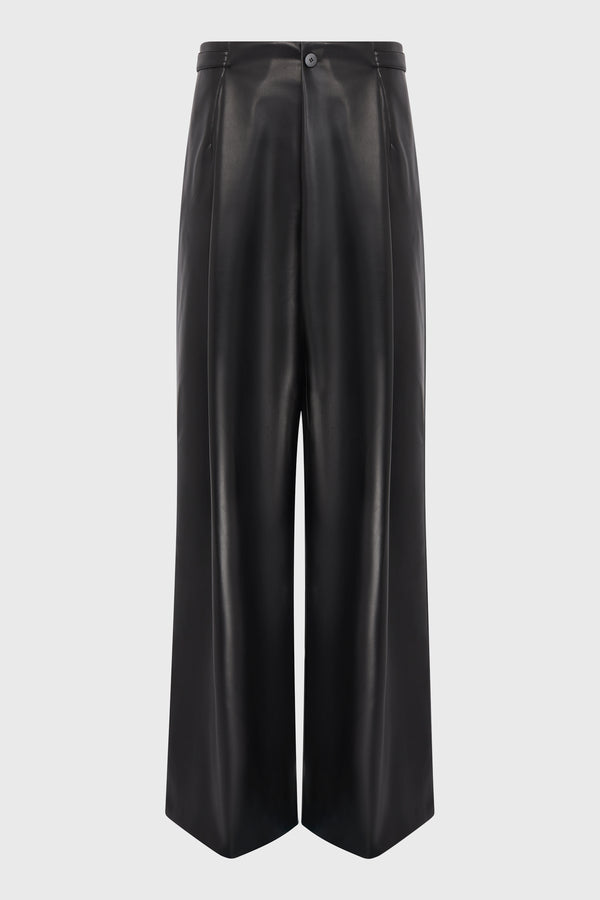 BLACK WIDELEG FAUX LEATHER TROUSERS