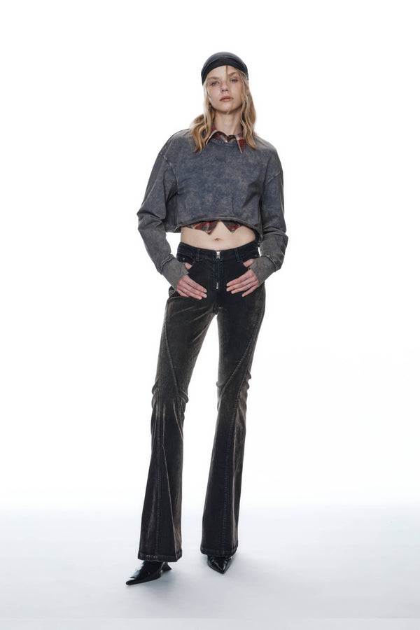 WASHED FLOCKED FLARED JEANS DARK BLUE