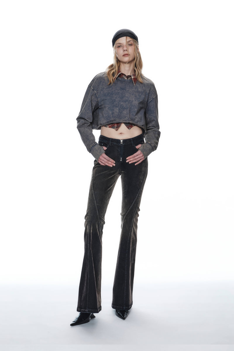 WASHED FLOCKED FLARED JEANS DARK BLUE