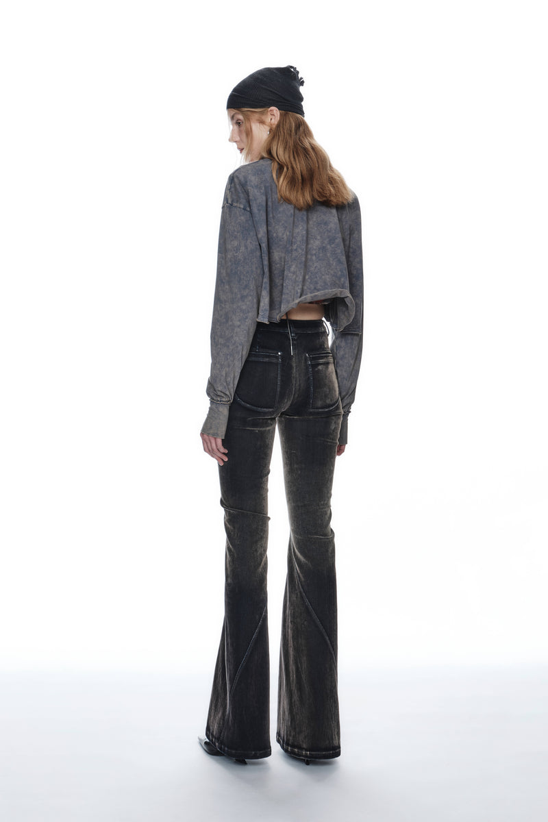 WASHED FLOCKED FLARED JEANS DARK BLUE