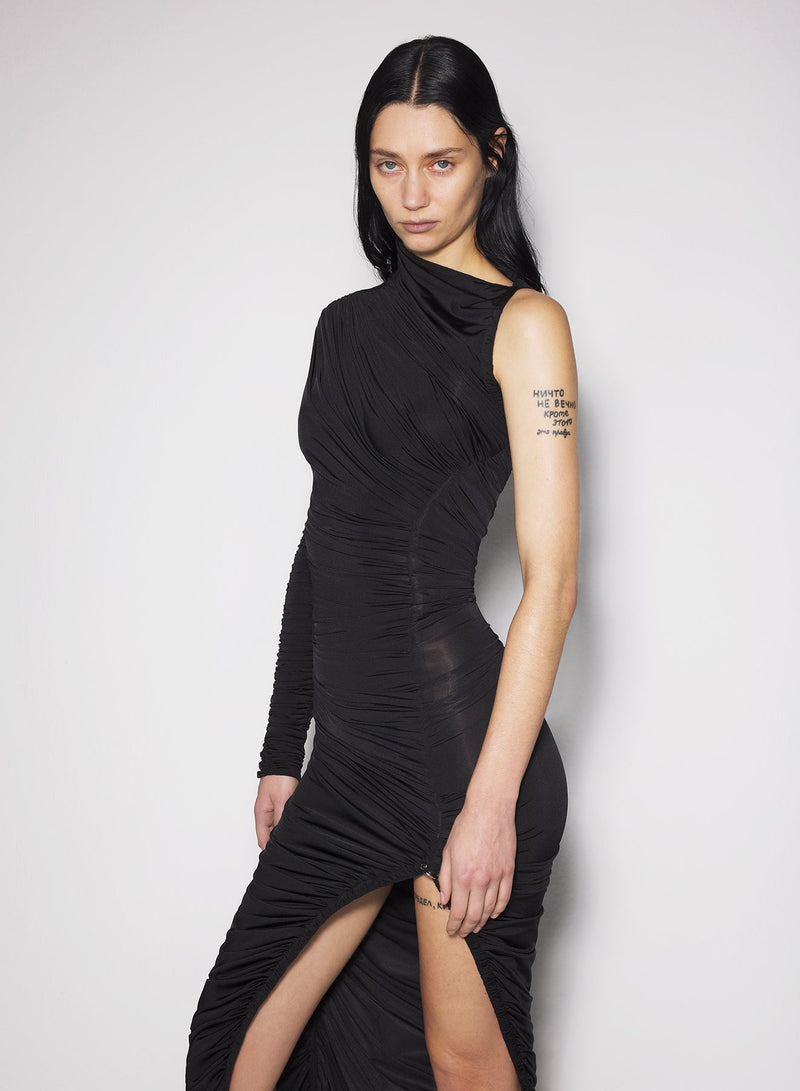 ASYMMETRICAL PIERCED RUCHED DRESS