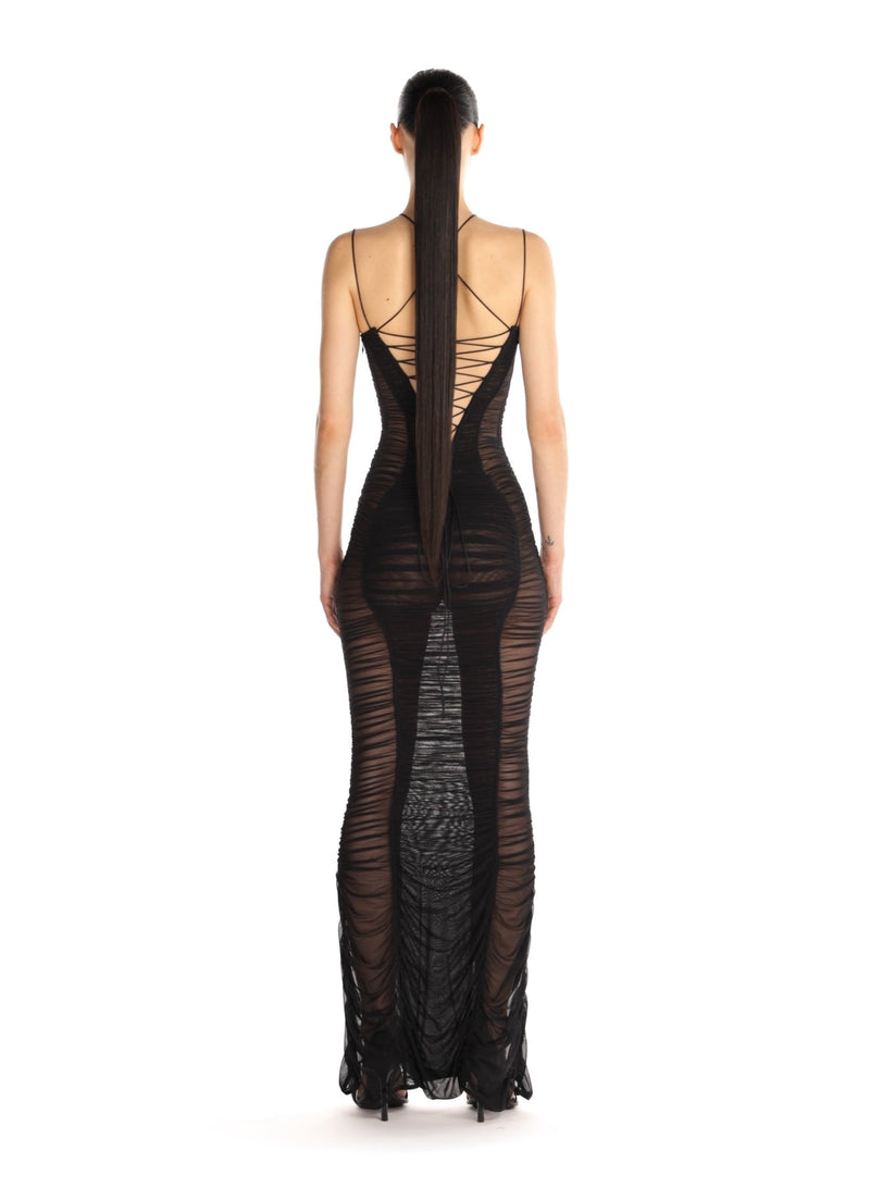 BACKLESS RUCHED MESH GOWN