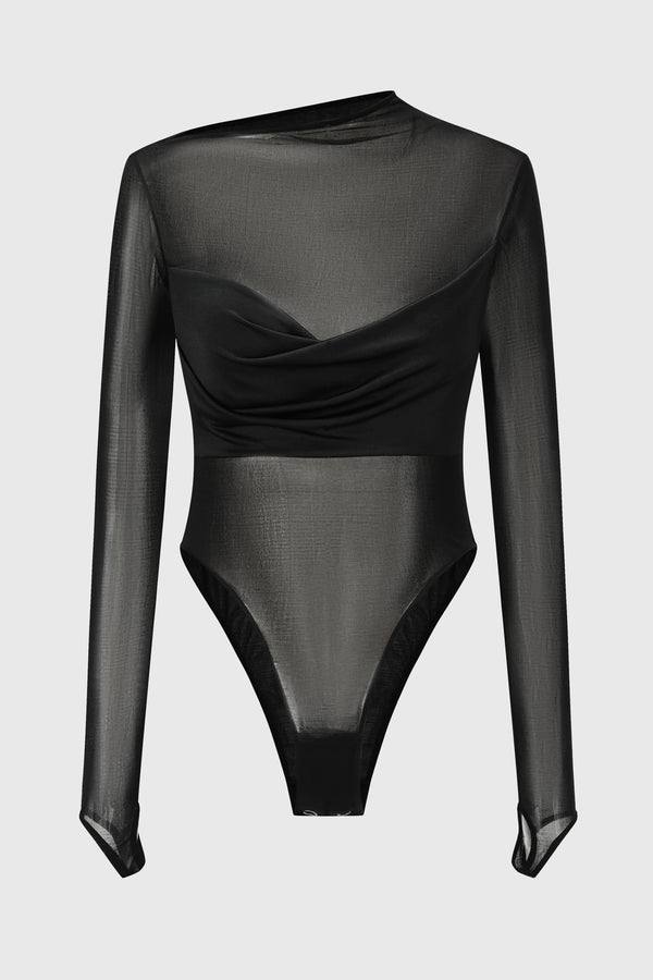 DRAPED SILK MESH BODYSUIT BLACK