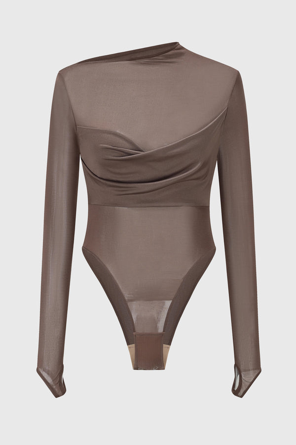 DRAPED SILK MESH BODYSUIT MIST GREY