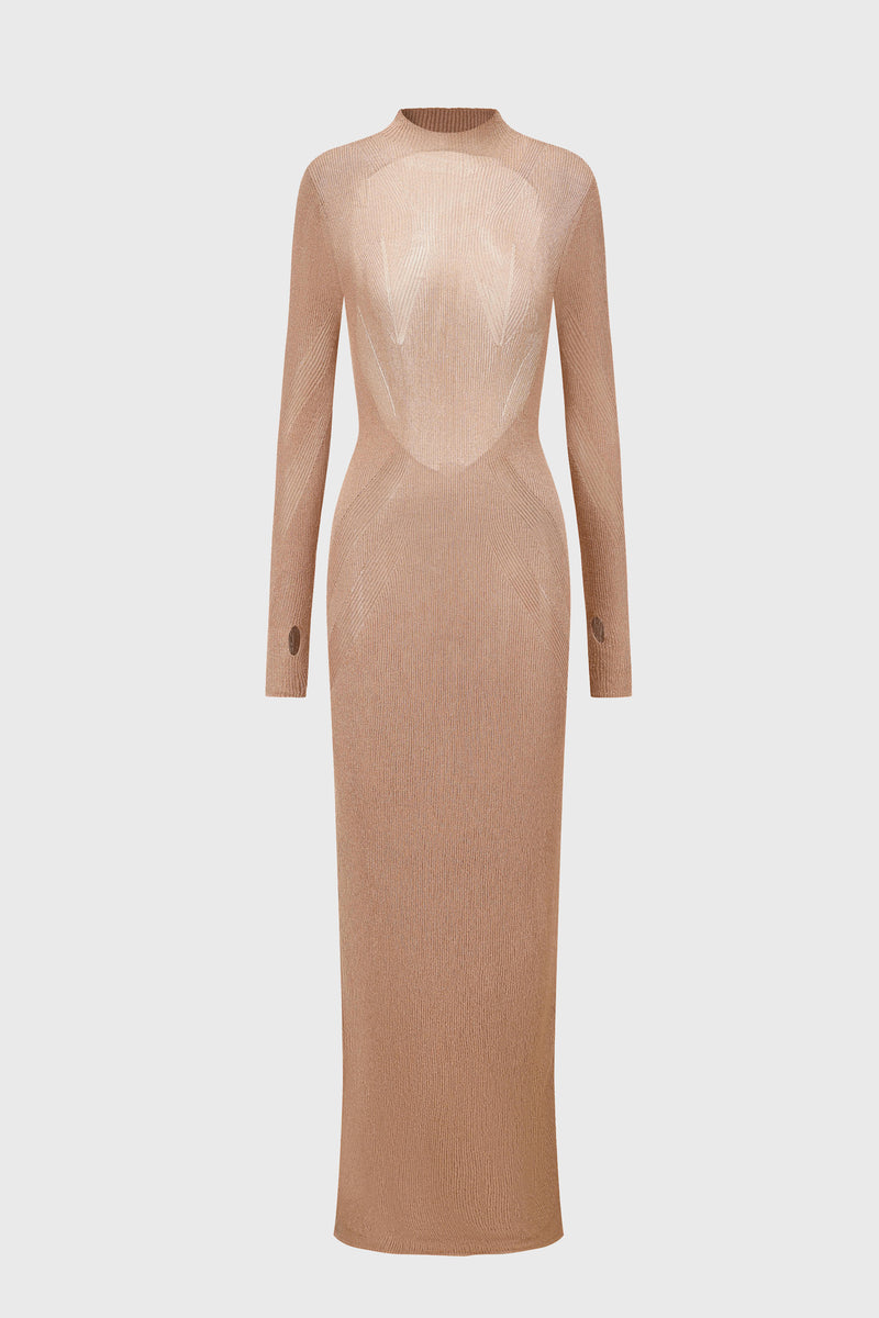 TEXTURED OPENBACK METALLIC KNITTED DRESS CORAL