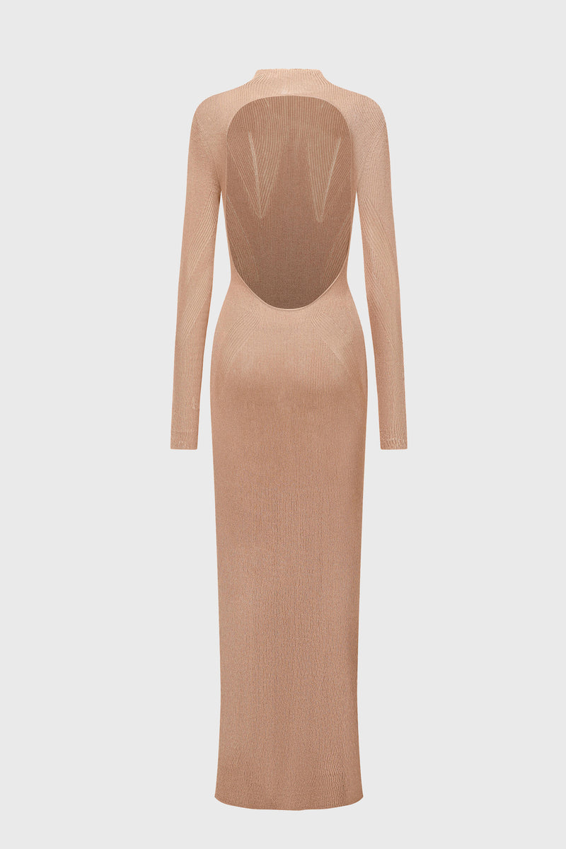 TEXTURED OPENBACK METALLIC KNITTED DRESS CORAL