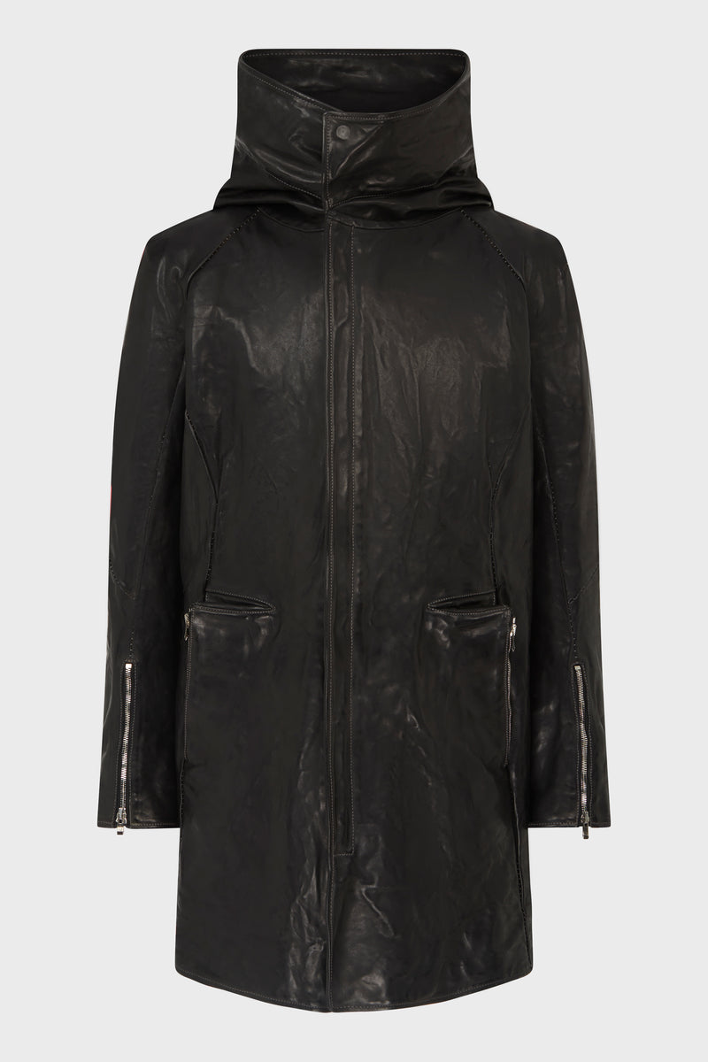 HIGH NECK HOODED LEATHER COAT