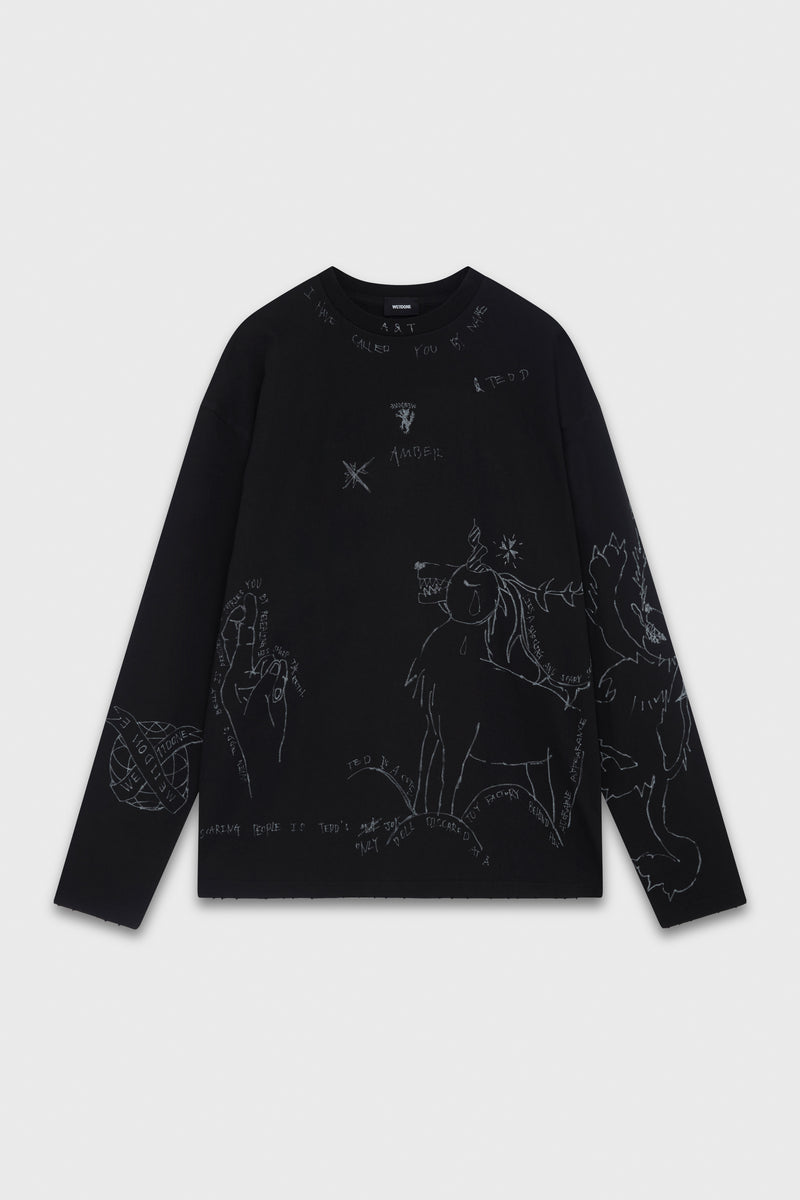 BLACK DYED PRINT LONG-SLEEVED T-SHIRT