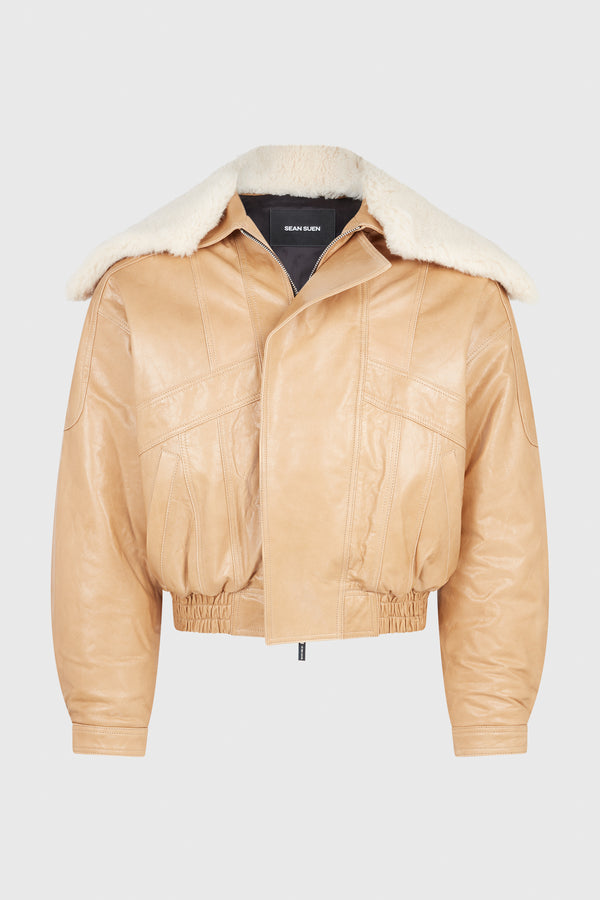 KHAKI SHEEPSKIN BOMBER JACKET