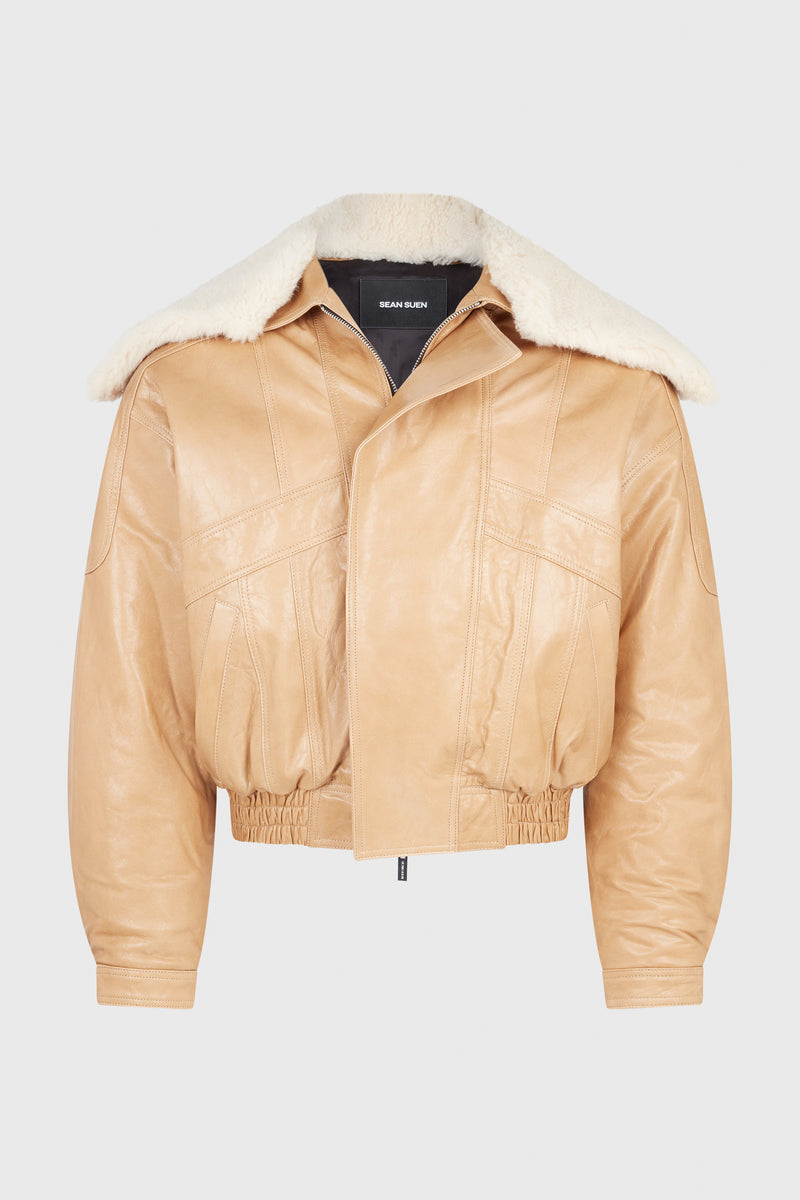 KHAKI SHEEPSKIN BOMBER JACKET