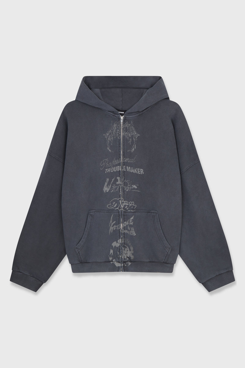 CHARCOAL MULTI LOGO HOODIE ZIP-UP