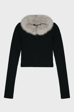 BLACK WOMENS FUR COLLAR T-SHIRT