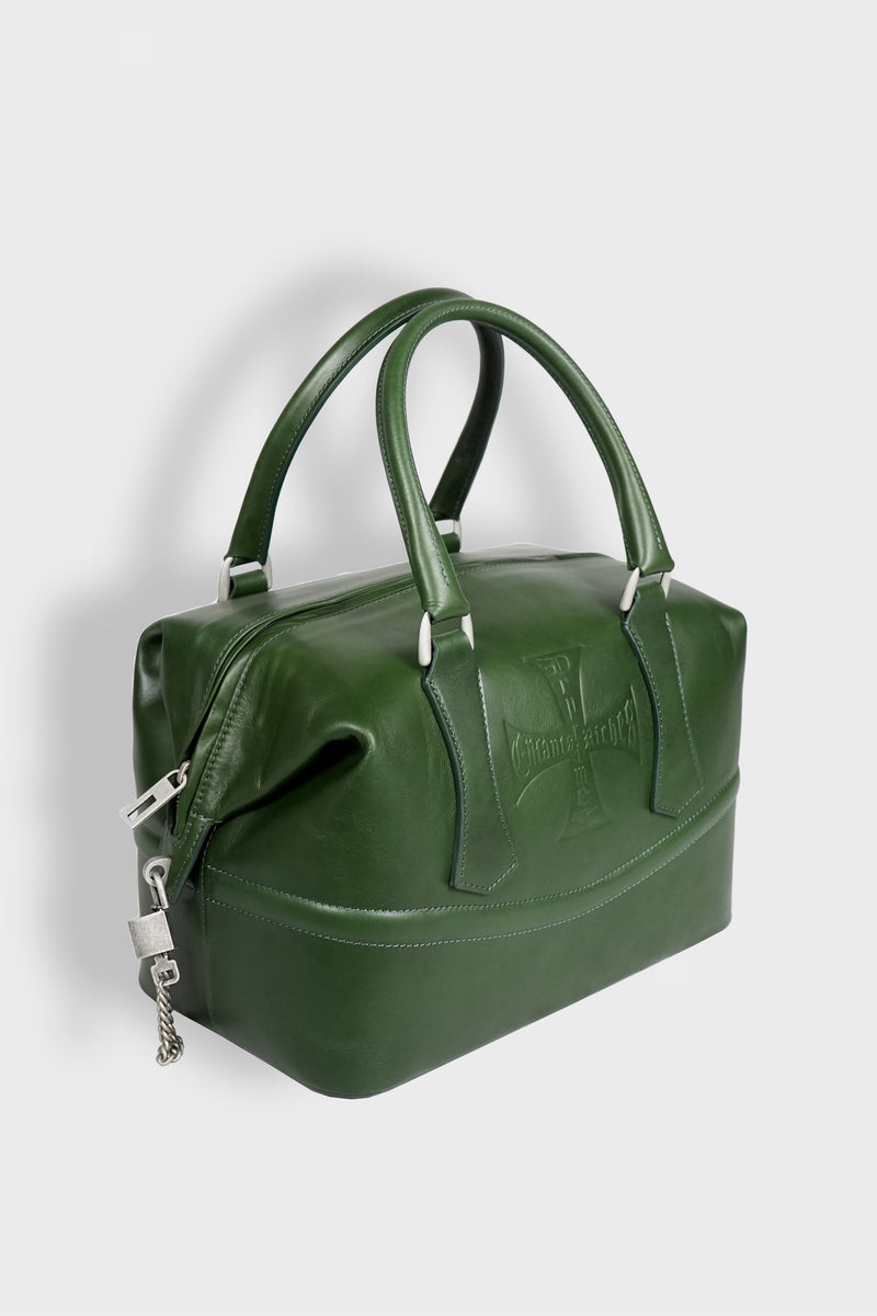 LOGO EMBOSSED LEATHER MESSENGER BAG GREEN