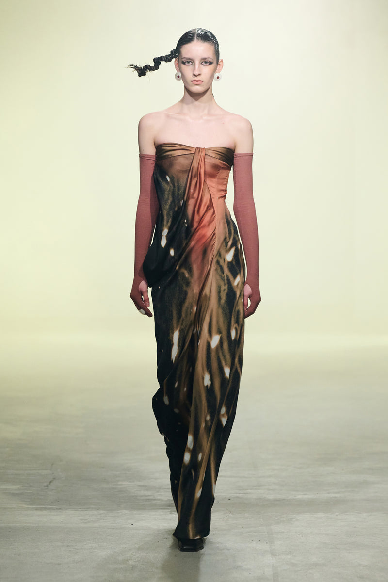 ASYMMETRIC DRAPED DRESS PRINT