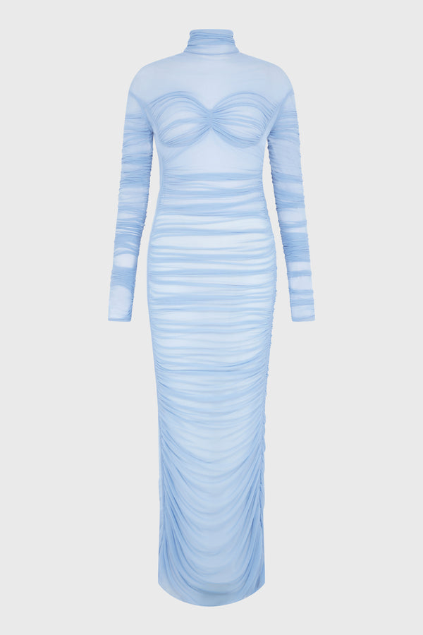 RUCHED MESH DRESS SILVER BLUE