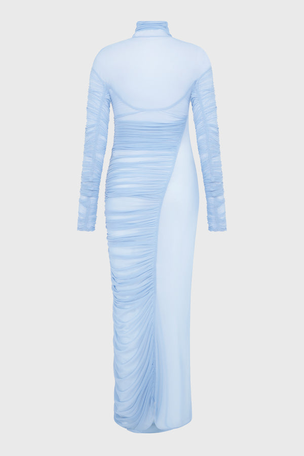RUCHED MESH DRESS SILVER BLUE