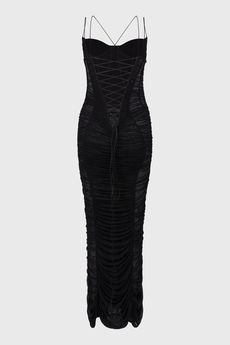 BACKLESS RUCHED MESH GOWN