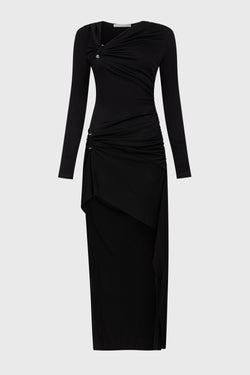 GATHERED BOLT LONG SLEEVE DRESS BLACK