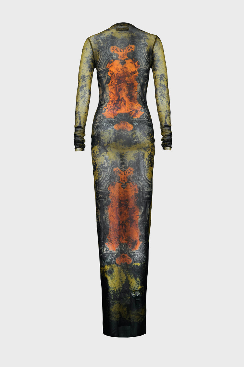 MESH LONG DRESS "MÉDAILLON" BLACK/KHAKI