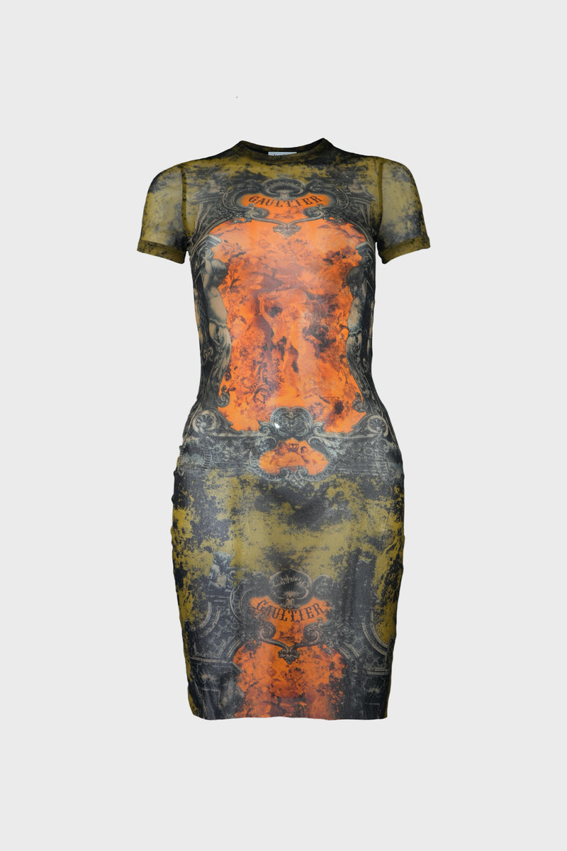 MESH SHORT DRESS "MÉDAILLON" BLACK/KHAKI