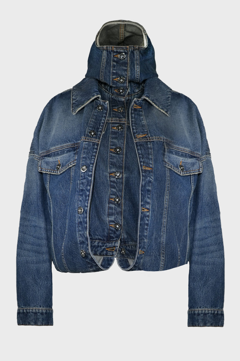 DOUBLE LAYER DENIM JACKET WITH HOOD DETAIL