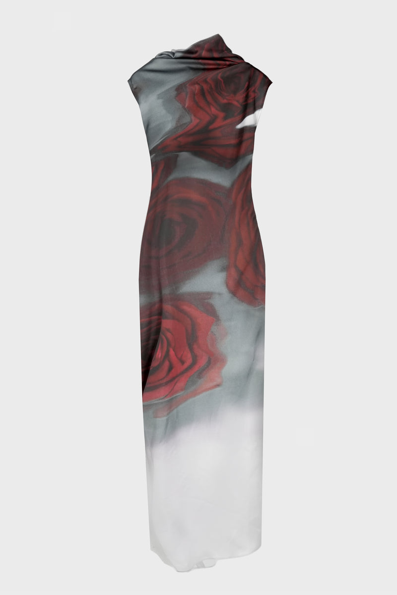 LONG PRINTED DRESS WHITE/GREY/RED