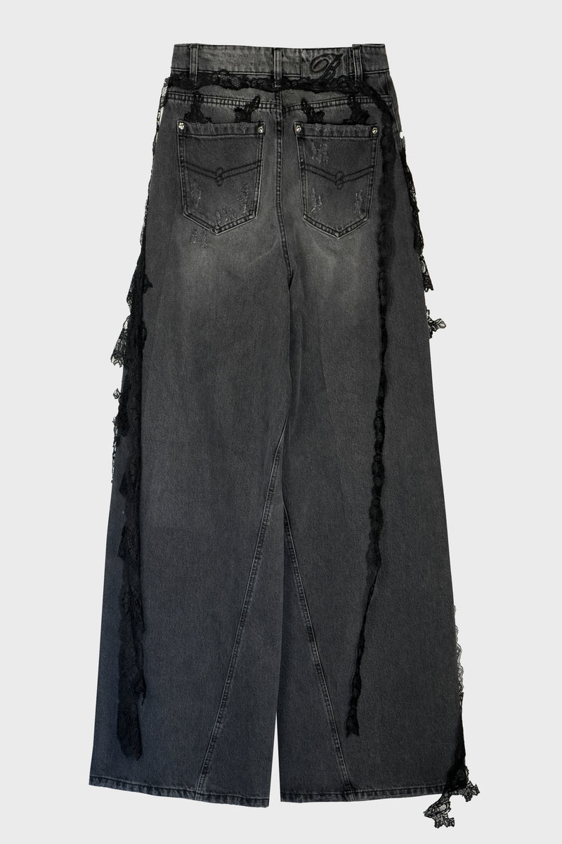 DESTROYED EXTRA BAGGY JEANS WITH LACE TRIM GREY GUNMETAL