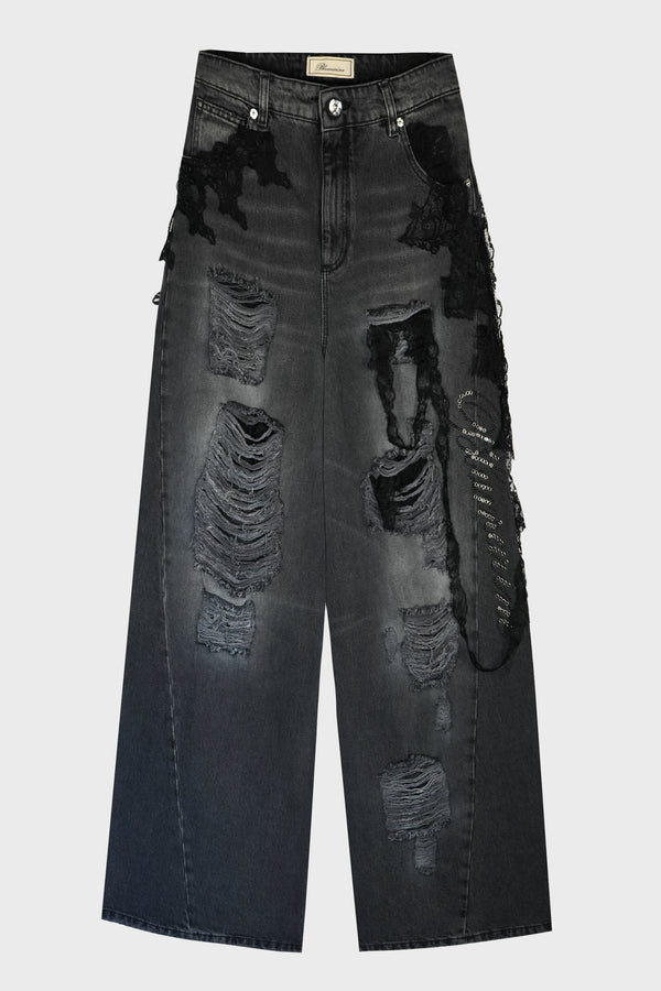 DESTROYED EXTRA BAGGY JEANS WITH LACE TRIM GREY GUNMETAL
