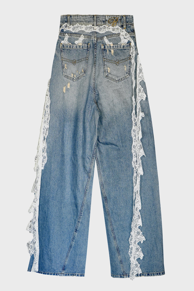 DESTROYED EXTRA BAGGY JEANS WITH LACE TRIM ICE BLUE