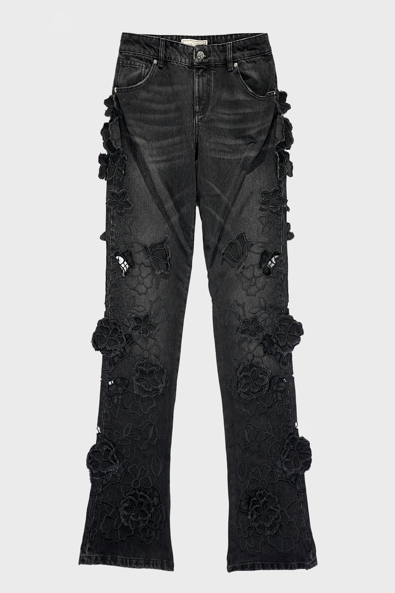 EMBR DENIM PANTS BLACK