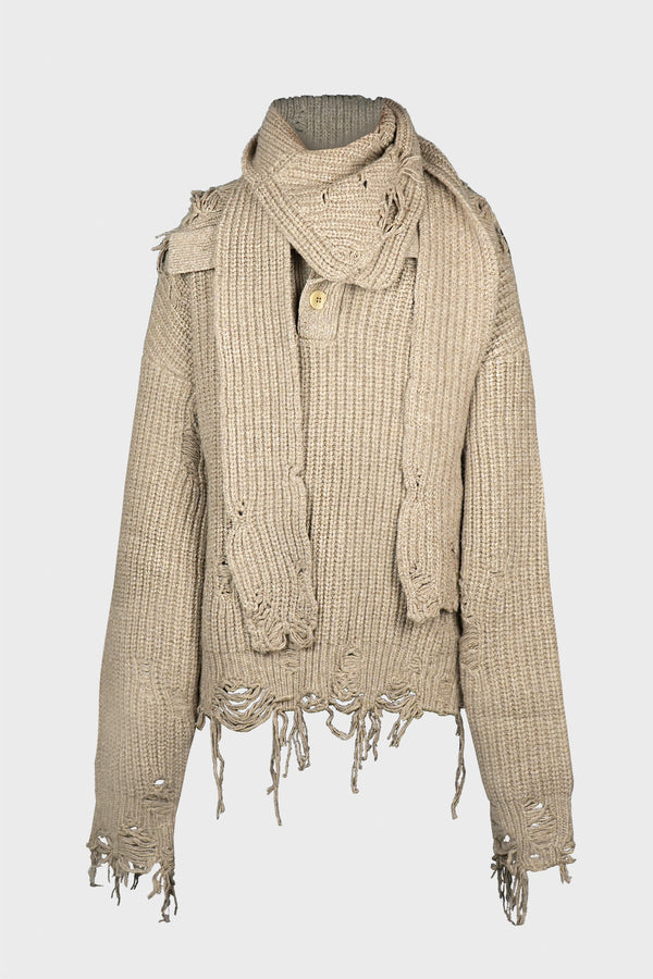 OATMEAL DISTRESSED TURTLENECK SWEATER