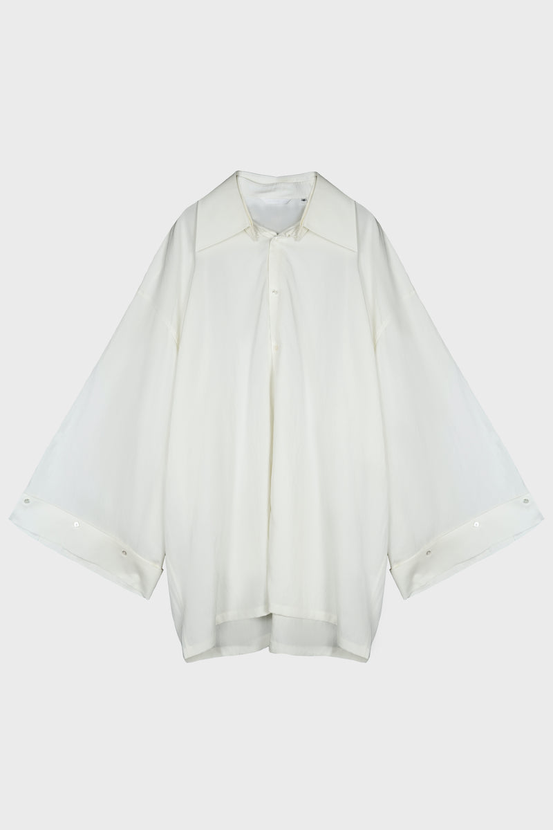 WHITE TEXTURE PLEATED SLEEVE SHIRT