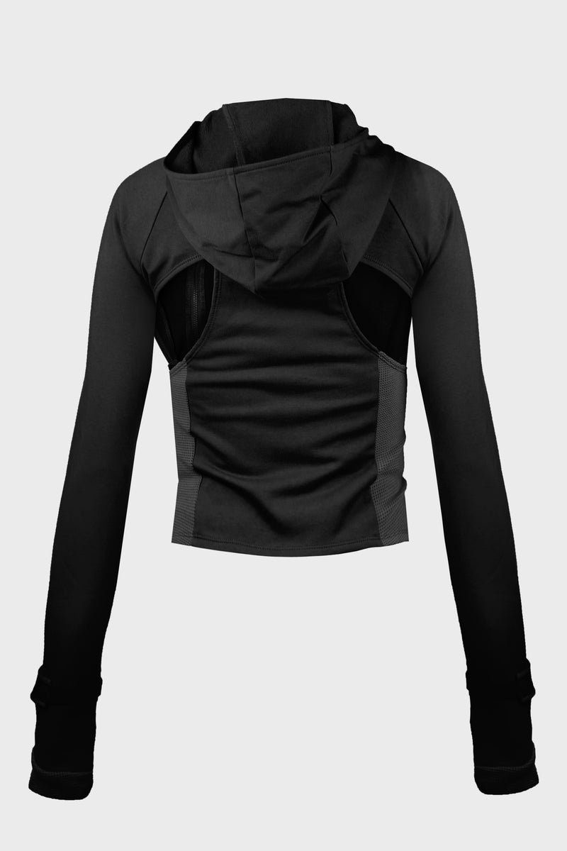 HOODED ASYMMETRIC ZIP TOP BLACK