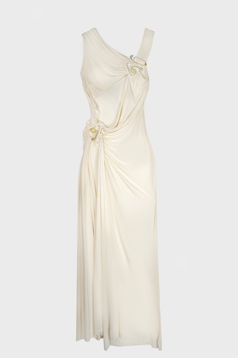 VEER SPIRAL CRYSTAL DRAPED JERSEY DRESS MILK