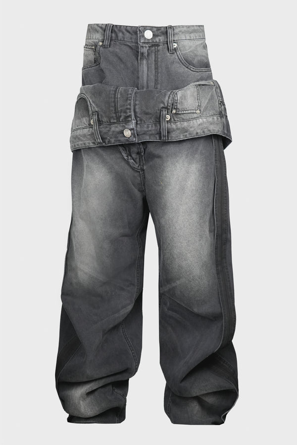 WIDE DOUBLE WAISTED DENIM PANTS