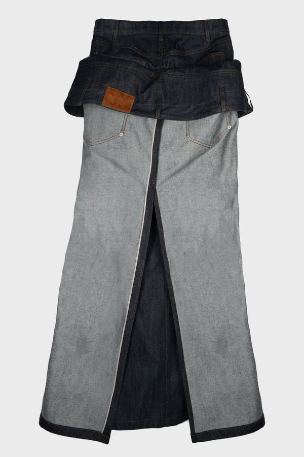 DOUBLE LAYERED RAW DENIM SLIM SKIRT