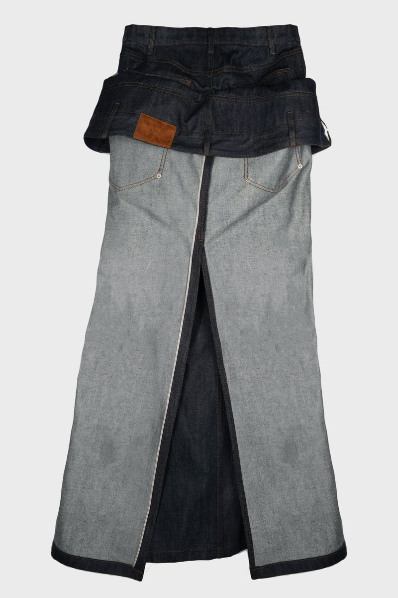 DOUBLE LAYERED RAW DENIM SLIM SKIRT