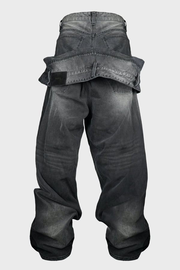 BLACK DENIM FRONT FULL LAYERED PANTS