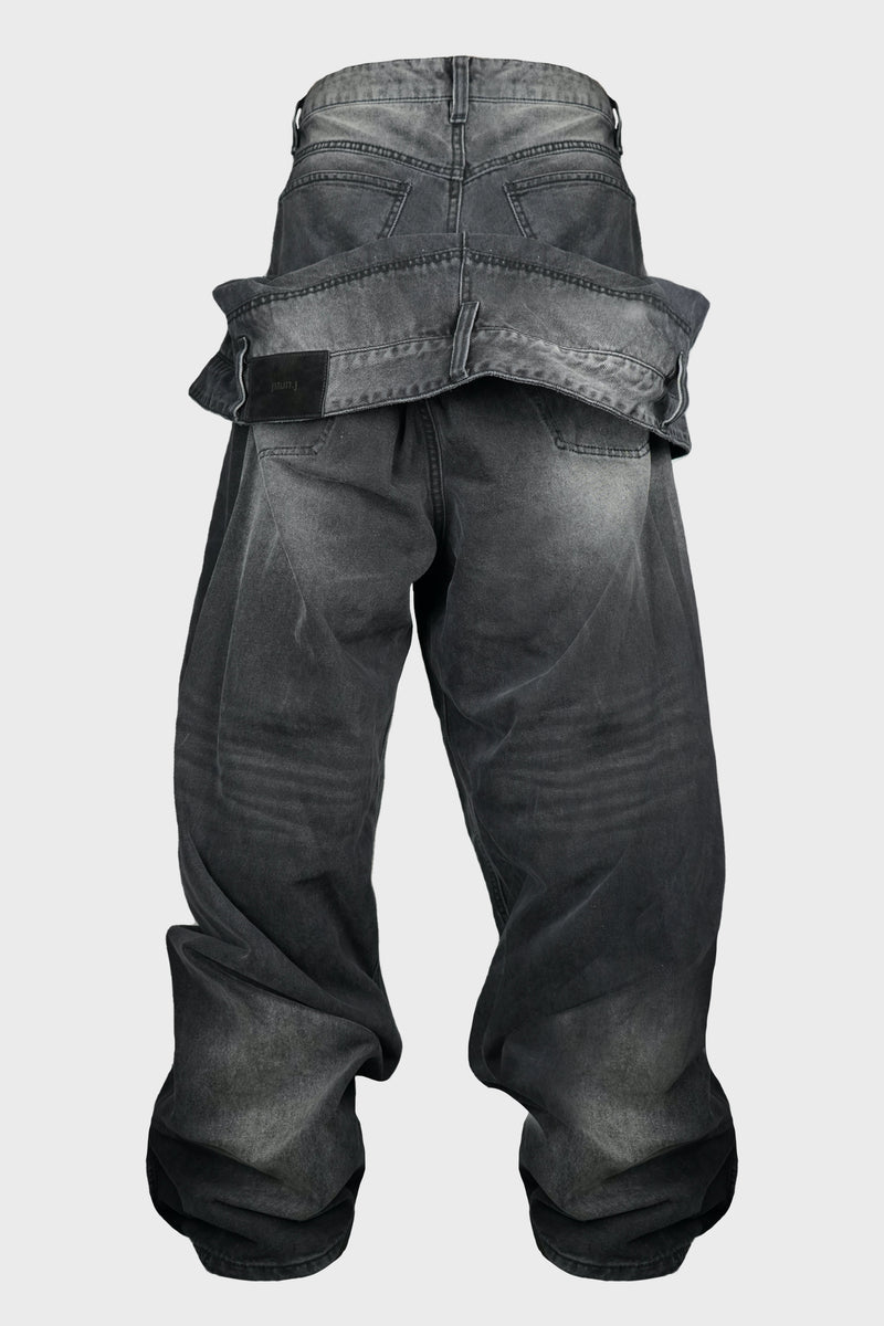 BLACK DENIM FRONT FULL LAYERED PANTS