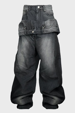 BLACK DENIM FRONT FULL LAYERED PANTS
