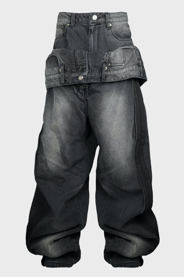 BLACK DENIM FRONT FULL LAYERED PANTS