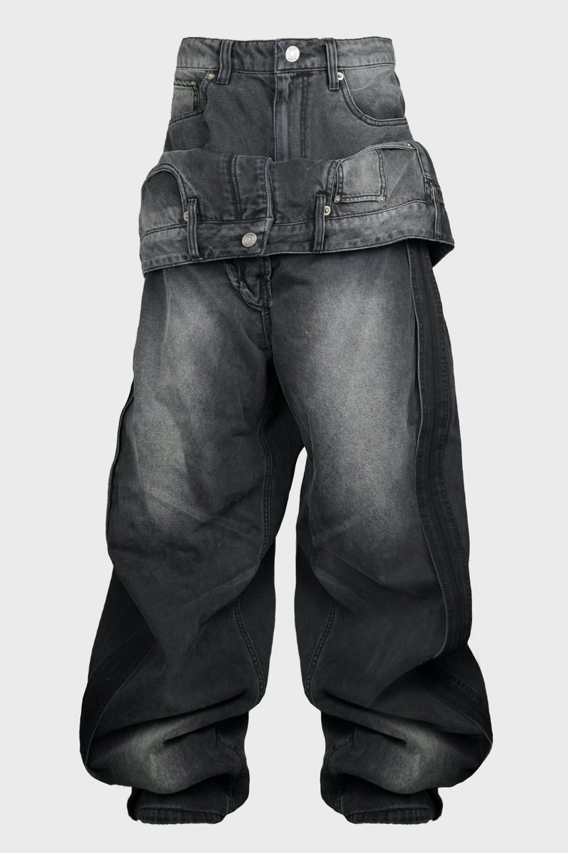 BLACK DENIM FRONT FULL LAYERED PANTS