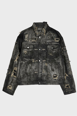 HARD-WASHED DAMAGED DENIM JACKET BLACK