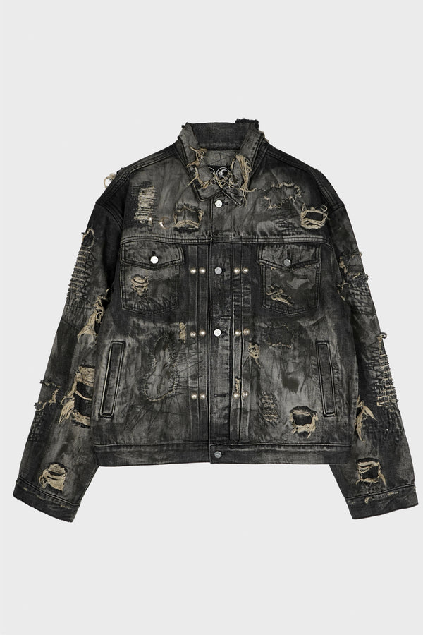 HARD-WASHED DAMAGED DENIM JACKET BLACK