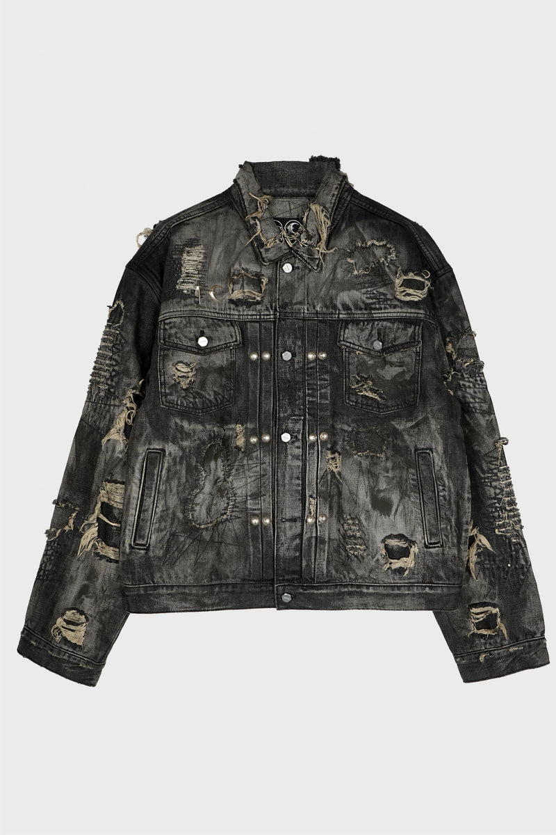HARD-WASHED DAMAGED DENIM JACKET BLACK