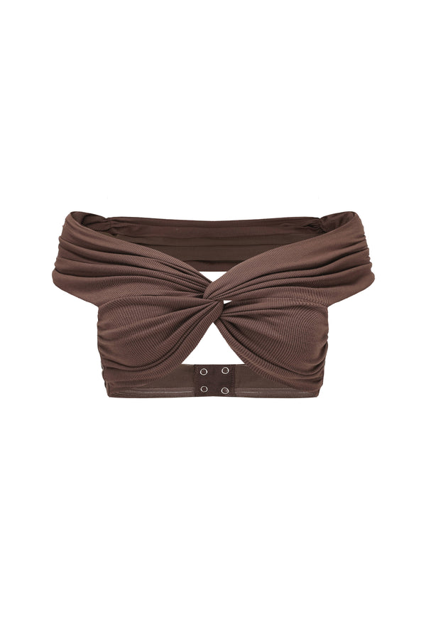 KNOTTED SHOULDER WRAPPED BRA COFFEE