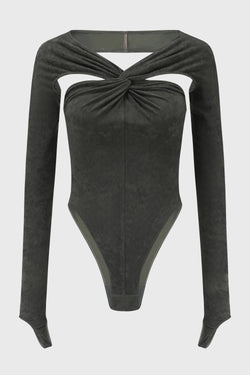 TWIST-KNOTTED STRETCH VELVET BODYSUIT