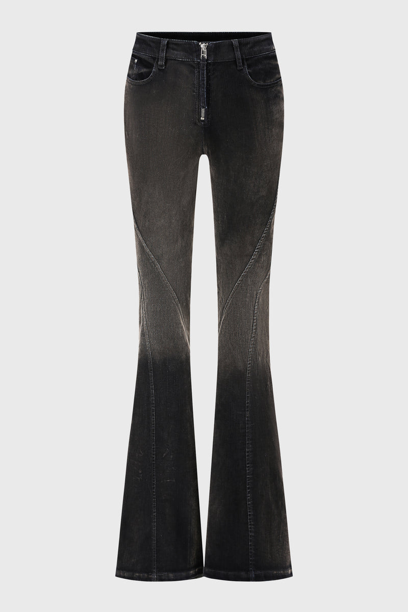 WASHED FLOCKED FLARED JEANS DARK BLUE