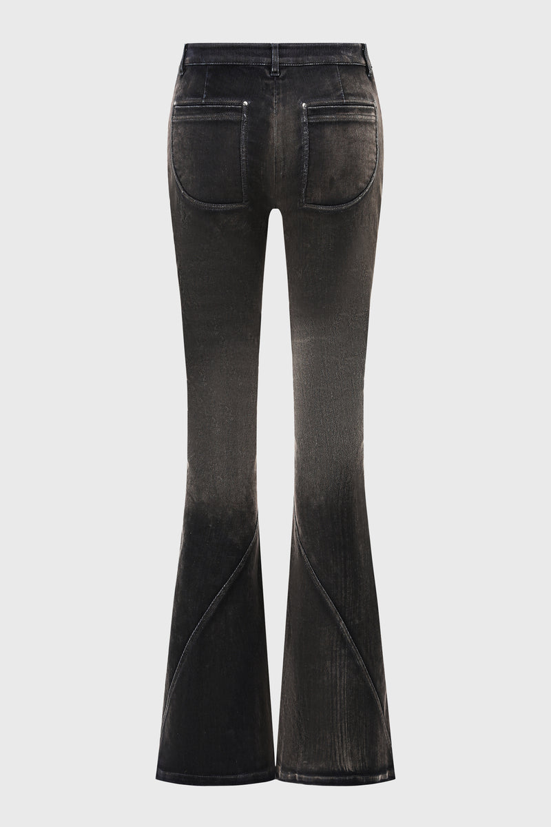 WASHED FLOCKED FLARED JEANS DARK BLUE