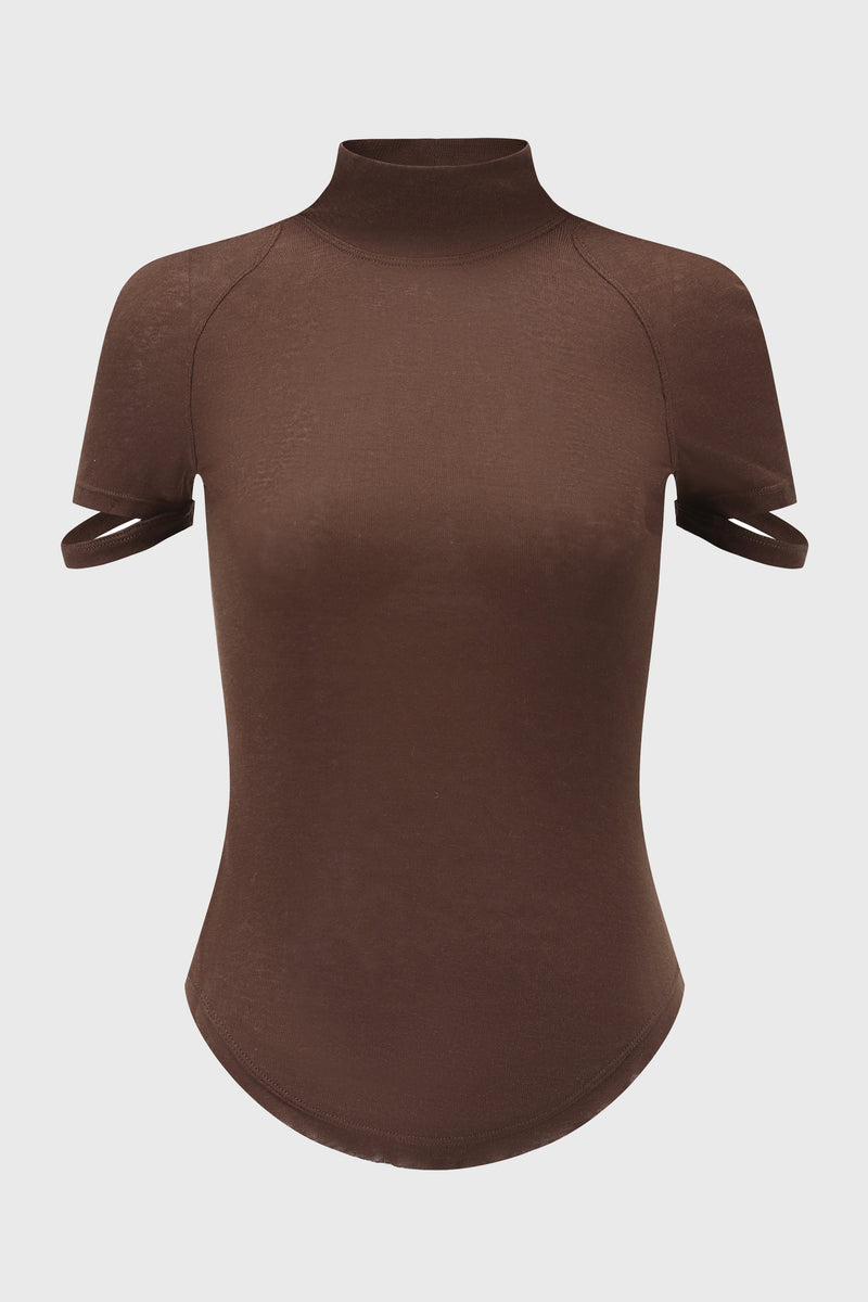 RIBBED JERSEY MOCK NECK T-SHIRT REDDISH BROWN